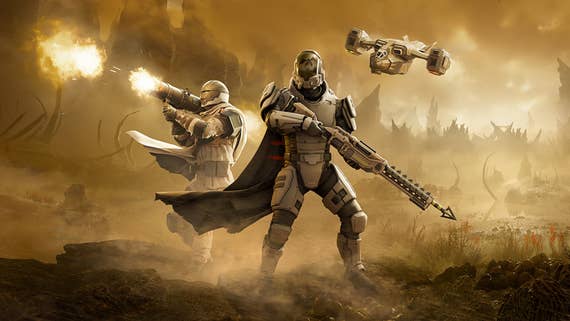 Artwork for Helldivers 2 update Into the Unjust showing two armoured characters in a yellow alien world